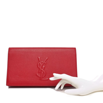 SAINT LAURENT Calfskin Monogram Large Belle De Jour Clutch Red