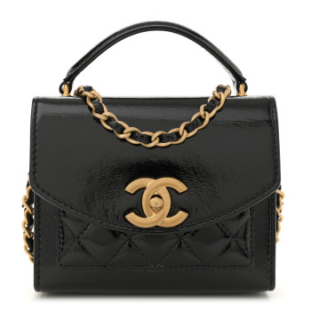 CHANEL Shiny Lambskin Quilted Top Handle Card Holder On Chain Black