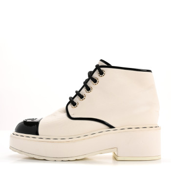 CHANEL Lambskin Patent CC Cap Toe Pearl Short Boots 36.5 White Black