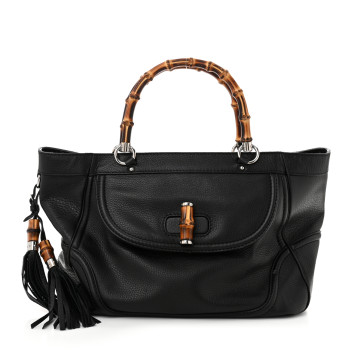 GUCCI Calfskin New Bamboo Medium Tassel Tote Black