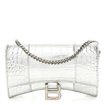 BALENCIAGA Metallic Calfskin Crocodile Embossed Hourglass Chain Bag Silver