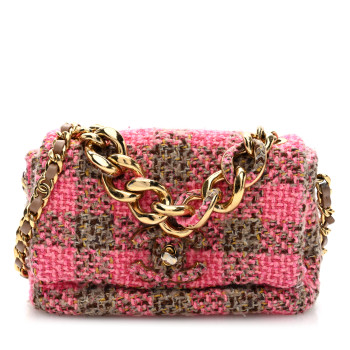 CHANEL Wool Tweed Quilted Small Elegant Chain Flap Pink Brown