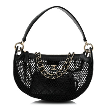 CHANEL Mesh Shiny Lambskin Chain Hobo Black