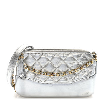 CHANEL Metallic Lambskin Calfskin Quilted Small Gabrielle Clutch With Chain Silver