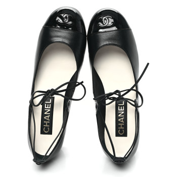 CHANEL Lambskin Patent Cap Toe CC Mary Jane Pumps 39 Black