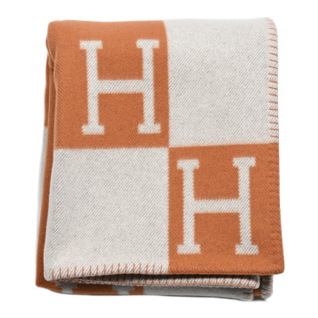 HERMES Wool Cashmere Signature Classic Avalon Blanket Ecru Potiron