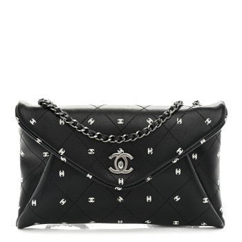 CHANEL Printed Lambskin Logo CC Envelope Clutch With Chain Black White