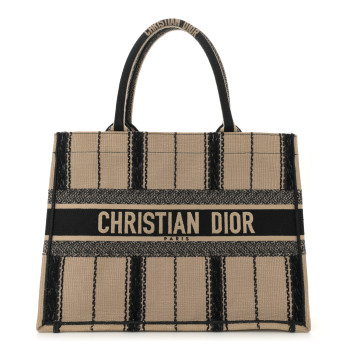 CHRISTIAN DIOR Canvas Embroidered Medium Bayadere Book Tote Black Beige