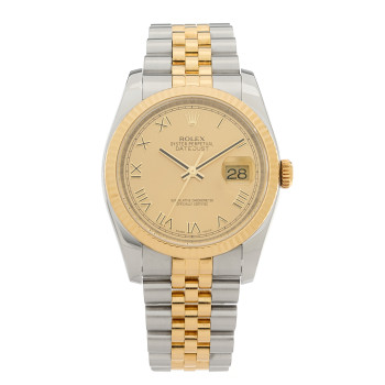 ROLEX Stainless Steel 18K Yellow Gold 36mm Oyster Perpetual Datejust Watch Champagne Roman 116233
