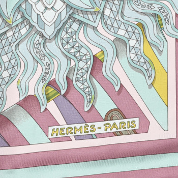 HERMES Silk Les Sangles de Phoebus Scarf 90 Rose Pale Aqua Arnica