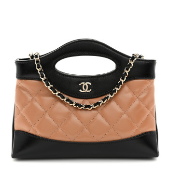 CHANEL Shiny Crumpled Calfskin Quilted Nano 31 Shopping Bag Dark Beige Black