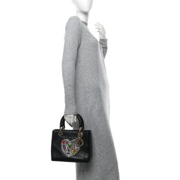 CHRISTIAN DIOR Calfskin Niki De Saint Phalle Heart Medium Supple Lady Dior Black