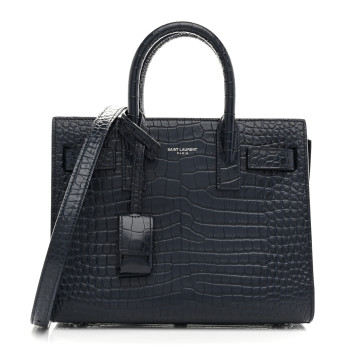 SAINT LAURENT Calfskin Crocodile Embossed Nano Sac De Jour Navy