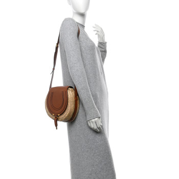 CHLOE Raffia Small Grain Calfskin Small Marcie Basket Crossbody Tan