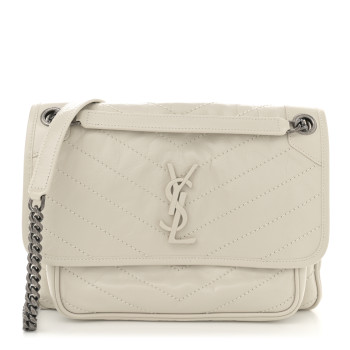 SAINT LAURENT Crinkled Calfskin Matelasse Monogram Medium Niki Chain Satchel Ivory
