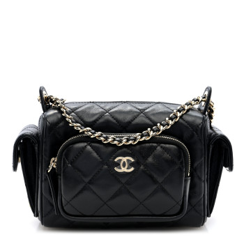 CHANEL Shiny Crumpled Lambskin Quilted Small Preppy Pocket Camera Case Black
