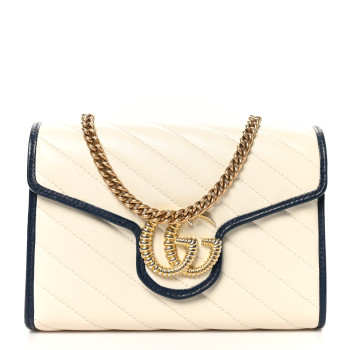 GUCCI Vintage Effect Calfskin Matelasse Diagonal Torchon GG Marmont Chain Wallet Mystic White Blue Agata
