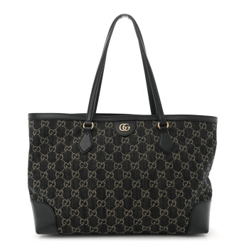 GUCCI Jacquard Black Denim GG Monogram Medium Ophidia Shopping Tote Black Ivory