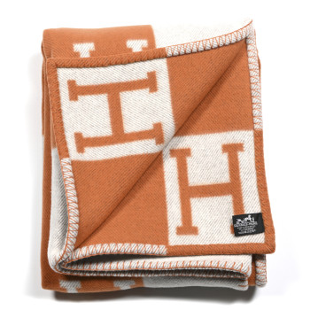 HERMES Wool Cashmere Signature Classic Avalon Blanket Ecru Potiron