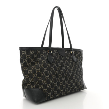 GUCCI Jacquard Black Denim GG Monogram Medium Ophidia Shopping Tote Black Ivory