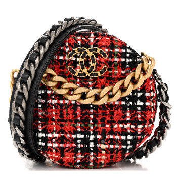 CHANEL Tweed Quilted Chanel 19 Round Clutch With Chain  Red Black White Green