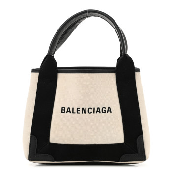 BALENCIAGA Cotton Canvas Calfskin Navy Cabas XS Natural Black