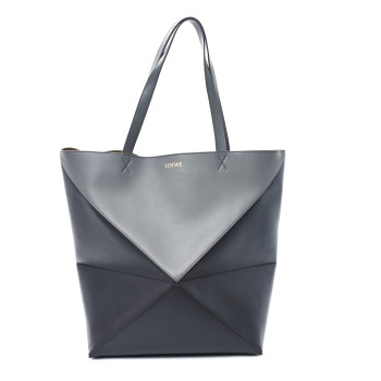 LOEWE Shiny Calfskin Large Puzzle Fold Tote  Pearl Grey Dark Grey