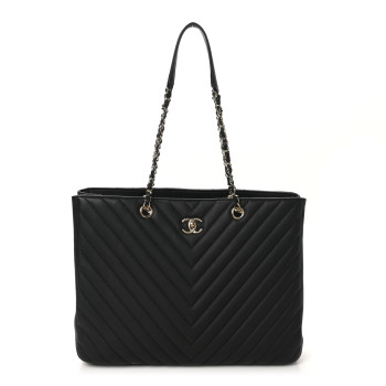CHANEL Caviar Chevron Quilted Large Shopping Tote Black