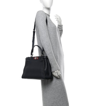 FENDI Vitello Seta Shiny Nappa Medium Peekaboo Iconic Satchel Blue Notte Ardesia