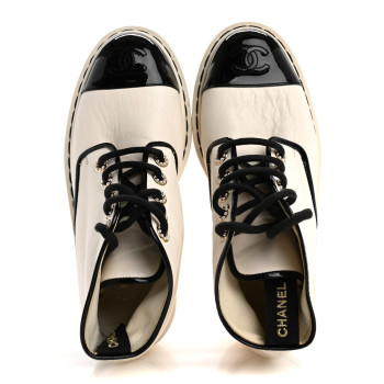 CHANEL Lambskin Patent CC Cap Toe Pearl Short Boots 36.5 White Black