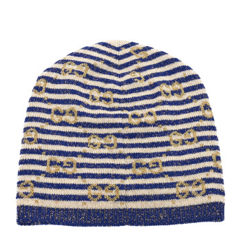 GUCCI Cotton Monogram Jumbo GG Beanie Hat S Navy Ivory