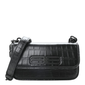 BALENCIAGA Shiny Super Supple Calfskin Crocodile Embossed Medium XX Flap Bag Black