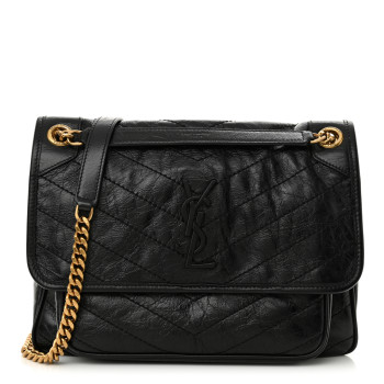 SAINT LAURENT Crinkled Calfskin Matelasse Monogram Medium Niki Chain Satchel Black