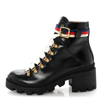 GUCCI Calfskin Sylvie Web Womens Lace Up Combat Boots 38 Black