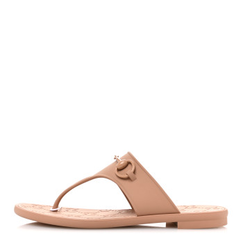 GUCCI Rubber Womens Horsebit Thong Sandals 37 Vintage Camel