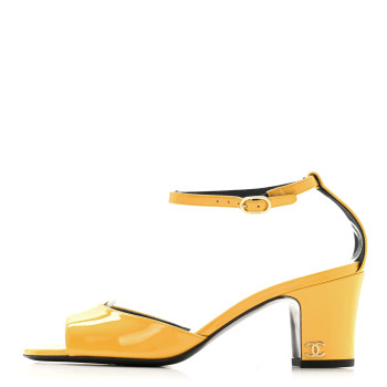 CHANEL Patent CC Ankle Strap Sandals 37.5 Yellow
