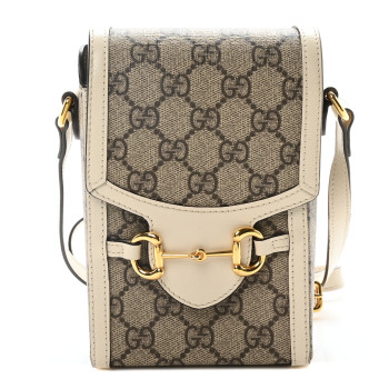 GUCCI GG Supreme Monogram Azalea Calfskin Mini Horsebit 1955 Crossbody Bag Beige Ebony Mystic White