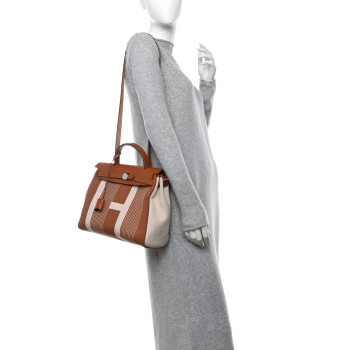 HERMES Vache Hunter Toile H Vibration Herbag Zip Retourne 31 PM Fauve Ecru Beige