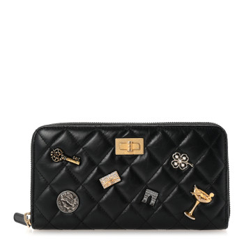 CHANEL Aged Calfskin Quilted Lucky Charms 2.55 Reissue Zip Around Wallet Black