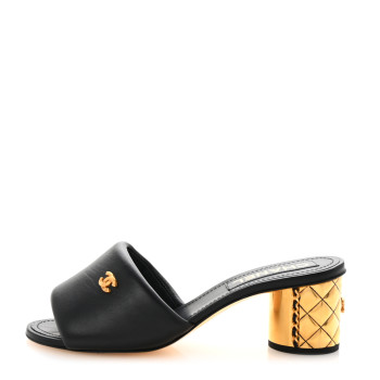 CHANEL Lambskin Chain CC Mules 37.5 Black Gold