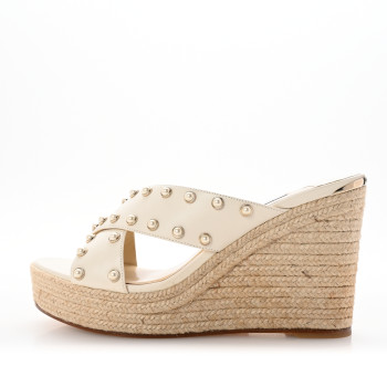 JIMMY CHOO Nappa Pearl Studded Dovina 100 Espadrille Wedge Sandals 38 Latte