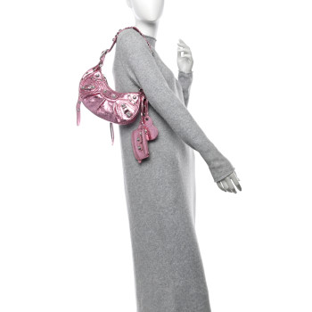 BALENCIAGA Metallic Agneau Arena Crystal Le Cagole Shoulder Bag XS Met Pink