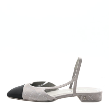 CHANEL Suede Crystal Grosgrain Cap Toe CC Slingback Flats 40 Gray Silver Black