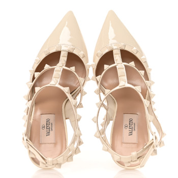 VALENTINO GARAVANI Patent Lacquered Monochrome Rockstud Ankle Strap 100mm Pumps 38 Ivory