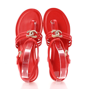 CHANEL Lambskin Pearl Crystal CC Thong Sandals 38 Red