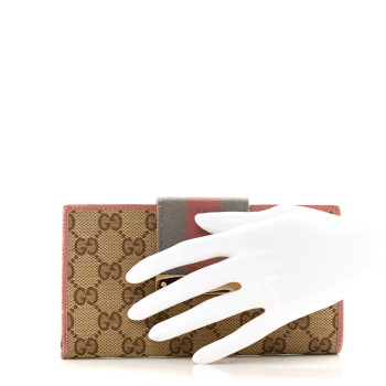 GUCCI Monogram Calfskin Ladies Web Continental Wallet Beige Ebony Pink
