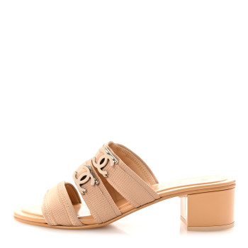 CHANEL Fabric Metal CC Logo Mules 36.5 Beige
