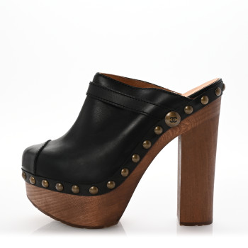 CHANEL Lambskin Studded Clogs 37 Black