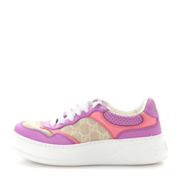 GUCCI Calfskin GG Supreme Monogram Perforated Womens Platform 55mm Sneakers 38.5 Wild Cherry Beige Mystic White Bright Purple
