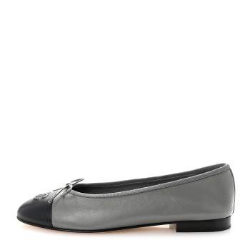 CHANEL Lambskin Cap Toe CC Ballerina Flats 39.5 Grey Black